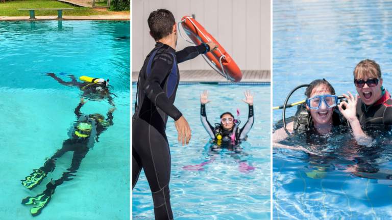 Personas tomando curso de buceo en Miami.