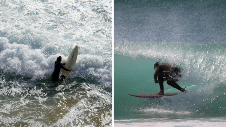 Deportistas surfeando una ola en Río de Janeiro, Brasil