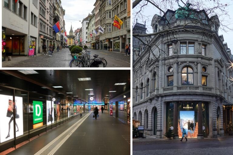 Calles de Suiza con tiendas y gente paseando.