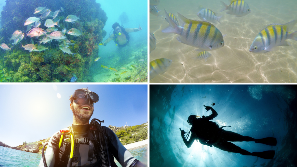 Hombres haciendo buceo en el fondo del mar de Maragogi, Brasil.