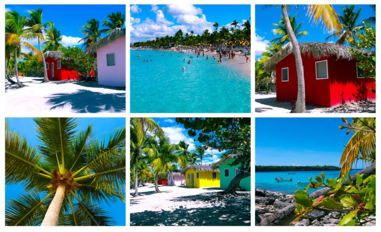 Collage con varias imágenes de playas y casitas de colores en Isla Catalina en República Dominicana.
