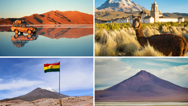 Fotos de montañas, el Uyuni, la bandera de Bolivia y una llama posando para la foto.