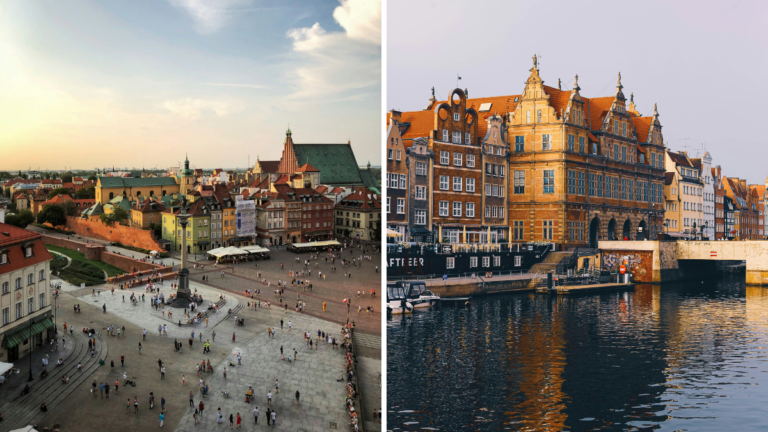 Ciudades de Polonia, a la izquierda personas caminando por una plaza de Warsaw, a la derecha un edificio tradicional de Gdańsk y su canal.
