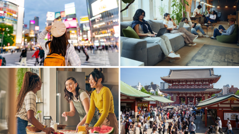 Nómadas digitales disfrutando de Tokio y la zona de coworking de un coliving.