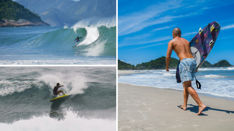 Olas y deportistas haciendo surf en Río de Janeiro, Brasil.