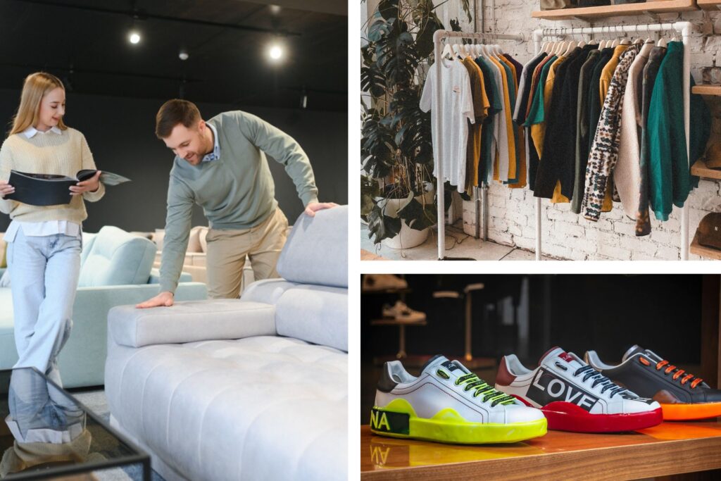 Una pareja comprando un sofá y unas tiendas de ropa y zapatillas deportivas.