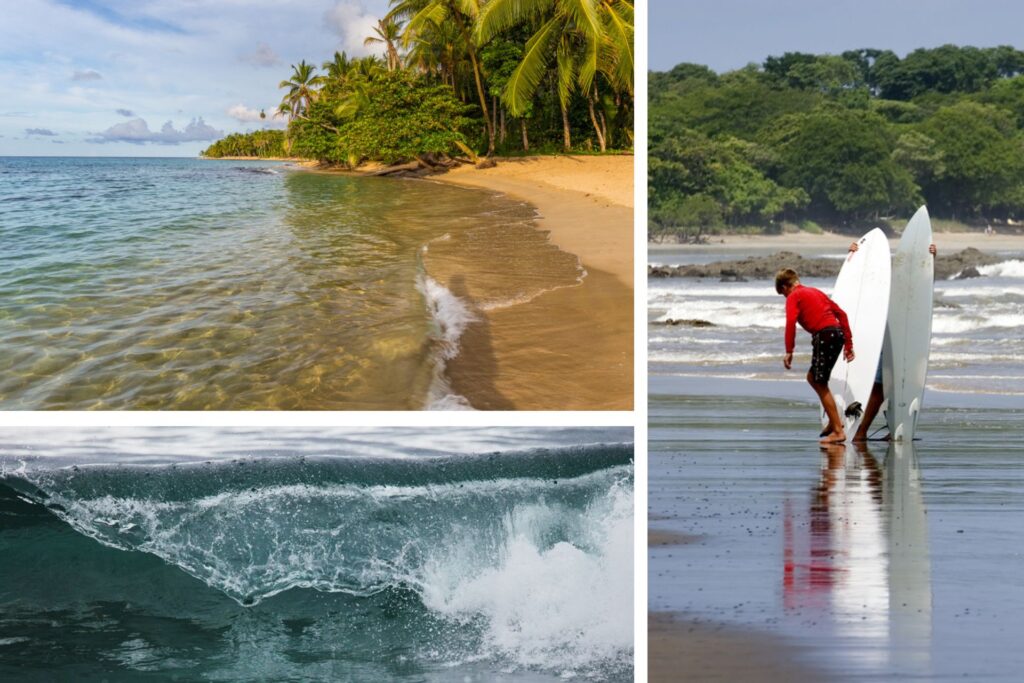 Playa de Puerto Viejo en Costa Rica y hombre con tabla de surf en la orilla.