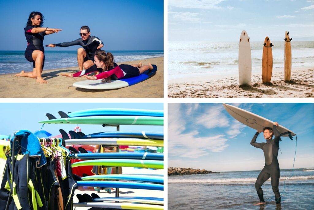 Tablas de surf, instructor dando una clase de surf y chico con traje de neopreno