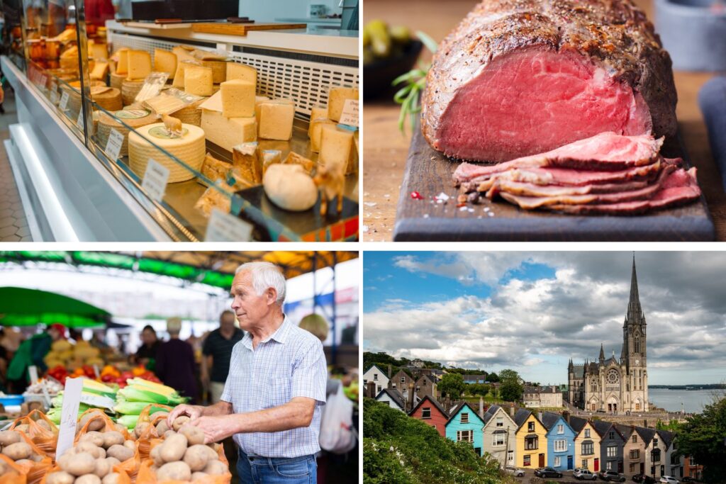 Un puesto con queso, carne, verduras y la imagen de la ciudad de Cork con una iglesia y casas de colores.