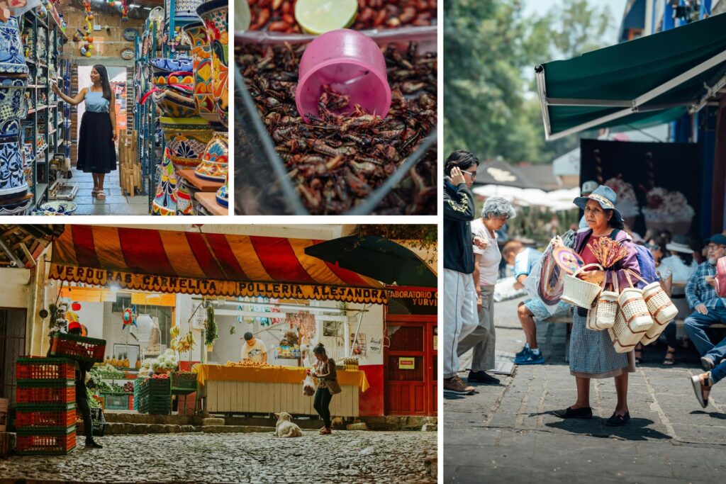 Puestos en mercados tradicionales de México con verduras, insectos o bolsos regionales.