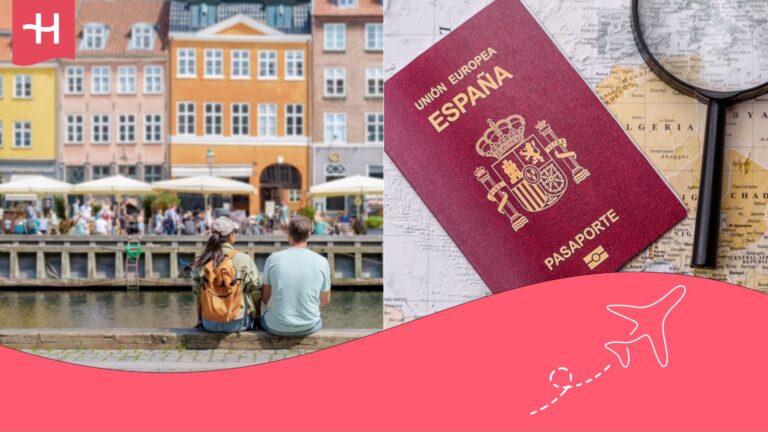 Pareja sentada en una calle de Dinamarca con edificios de colores y en otra imagen un mapa y un pasaporte español.