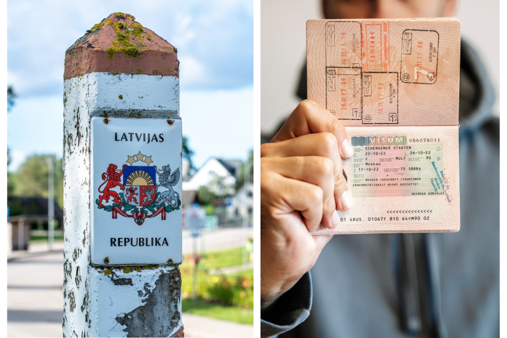dos imágenes una del escudo de Letonia y otra de un pasaporte como representación de  los requisitos para viajar a Letonia desde España