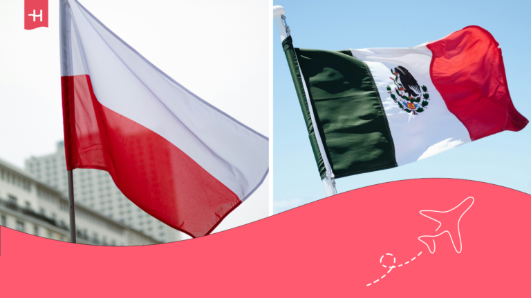 Banderas de Polonia y México ondeando hacia la derecha.