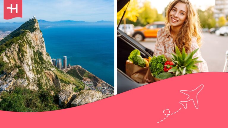 Gibraltar y en otra imagen mujer con bolsa de la compra