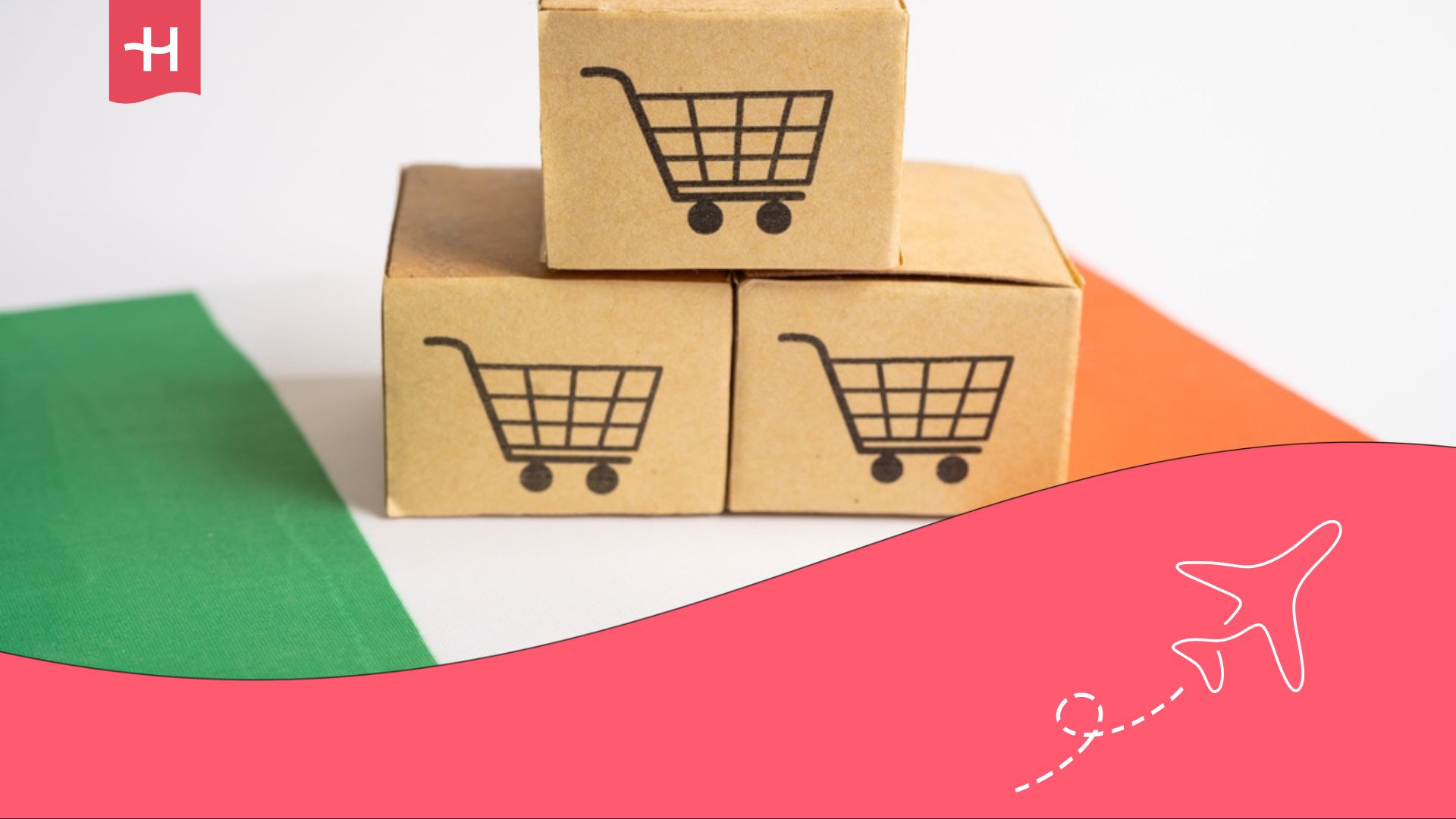 Cajas con un logo de un carrito de la compra sobre una bandera irlandesa.