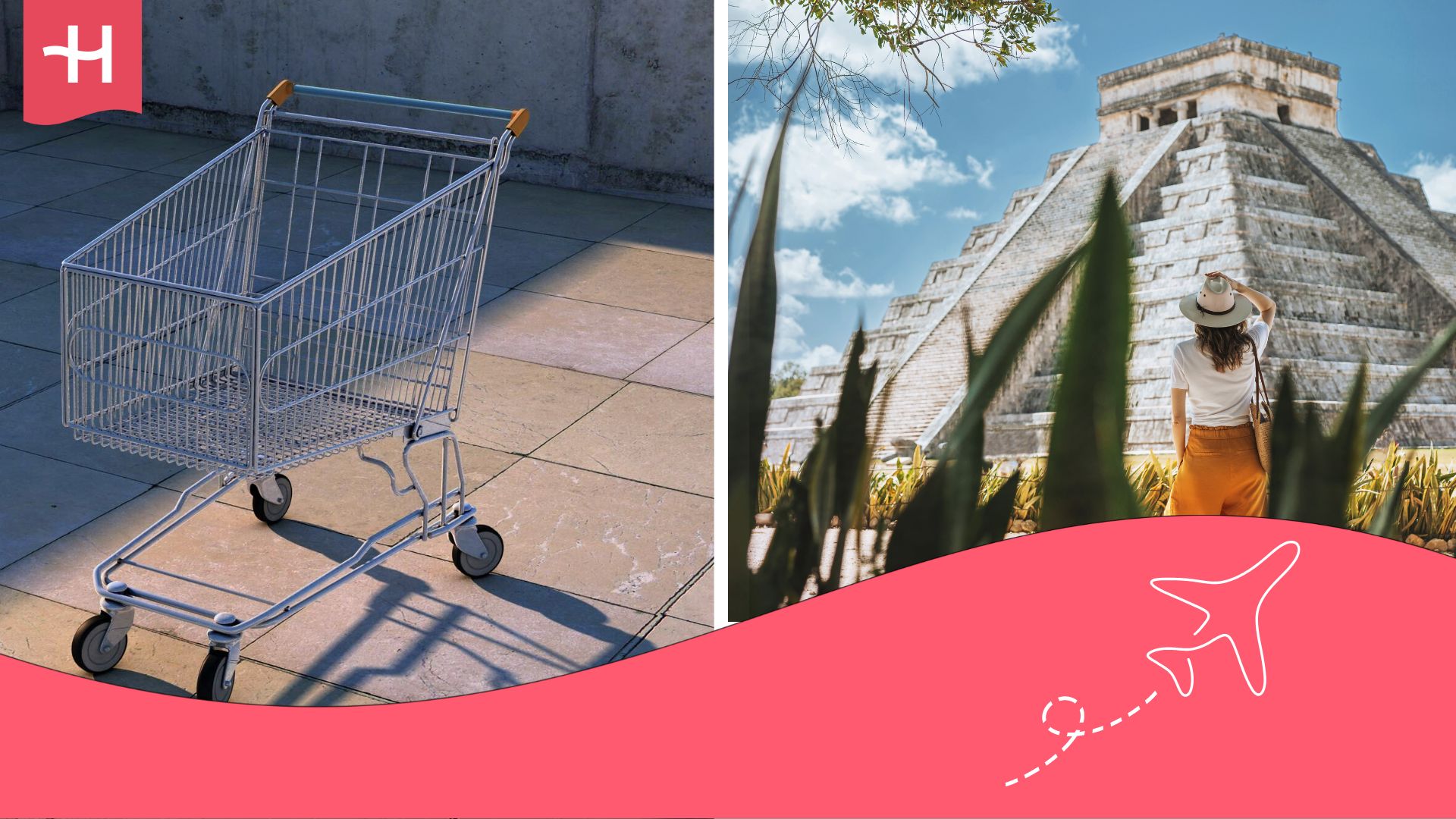 Mujer admirando pirámide de México y en otra foto, un carrito de la compra de un supermercado.