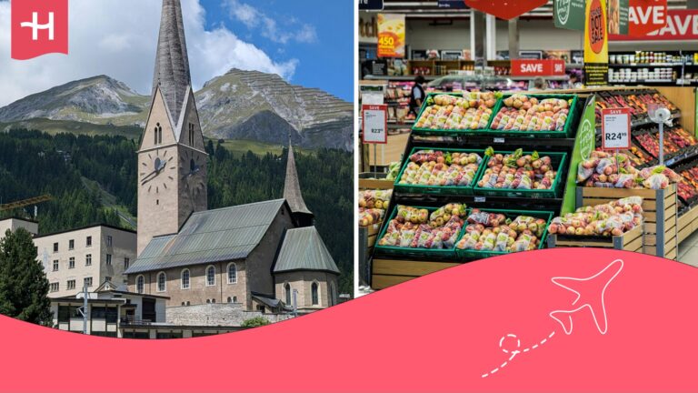 Un supermercado en Suiza con la sección de frutas y en otra imagen una catedral de Suiza con montañas detrás.