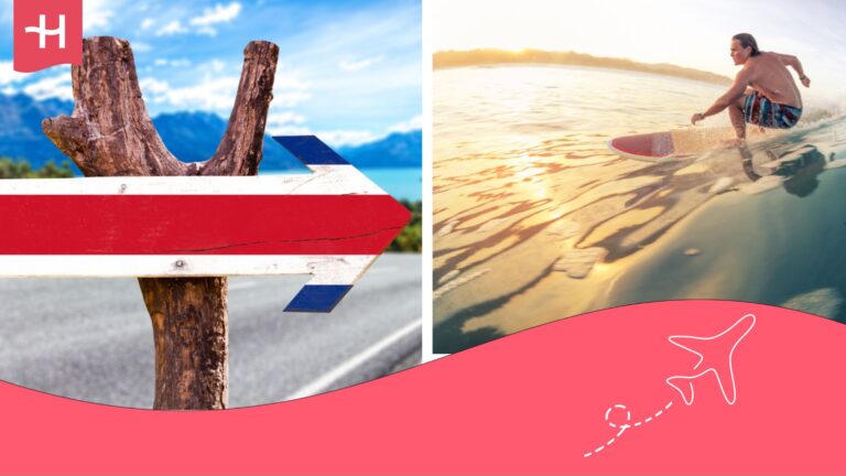 Chico surfeando en una ola y en otra imagen una flecha con la bandera de Costa Rica.