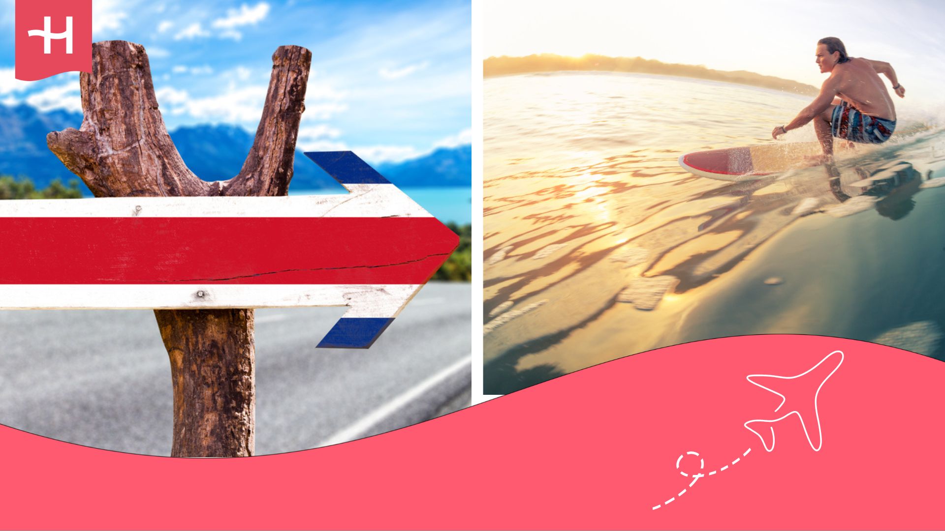 Chico surfeando en una ola y en otra imagen una flecha con la bandera de Costa Rica.