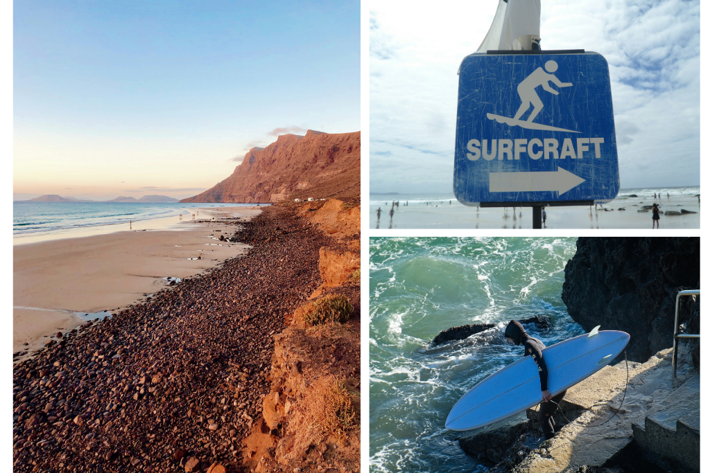 Imágenes de una playa y una persona dispuesta a realizar surf en Famara. 