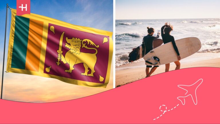 Bandera de Sri Lanka y dos jóvenes con tabla de surf en la playa