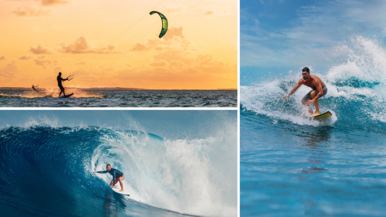 Deportistas haciendo surf en los mejores lugares de Maldivas.