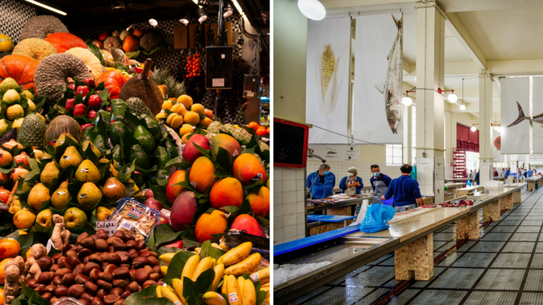 Supermercados de frutas, verduras y peces en Portugal.