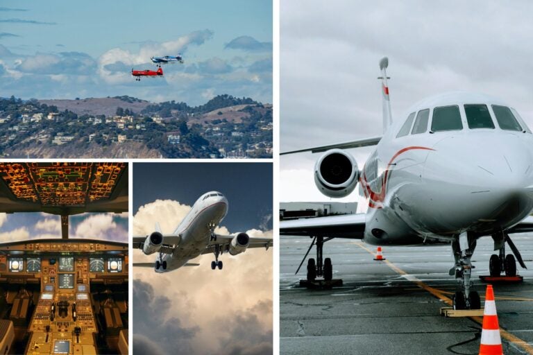 Avión comerciales y privados en el aire y en pista.