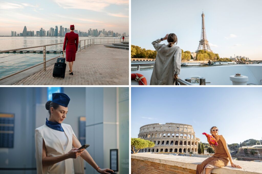 Azafata de vuelo viajando por el mundo, en, Qatar, París y Roma