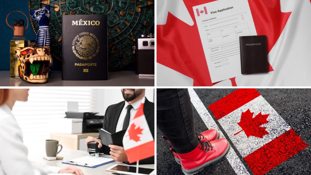 Visa y formulario de trabajo para Canadá junto a un pasaporte mexicano.