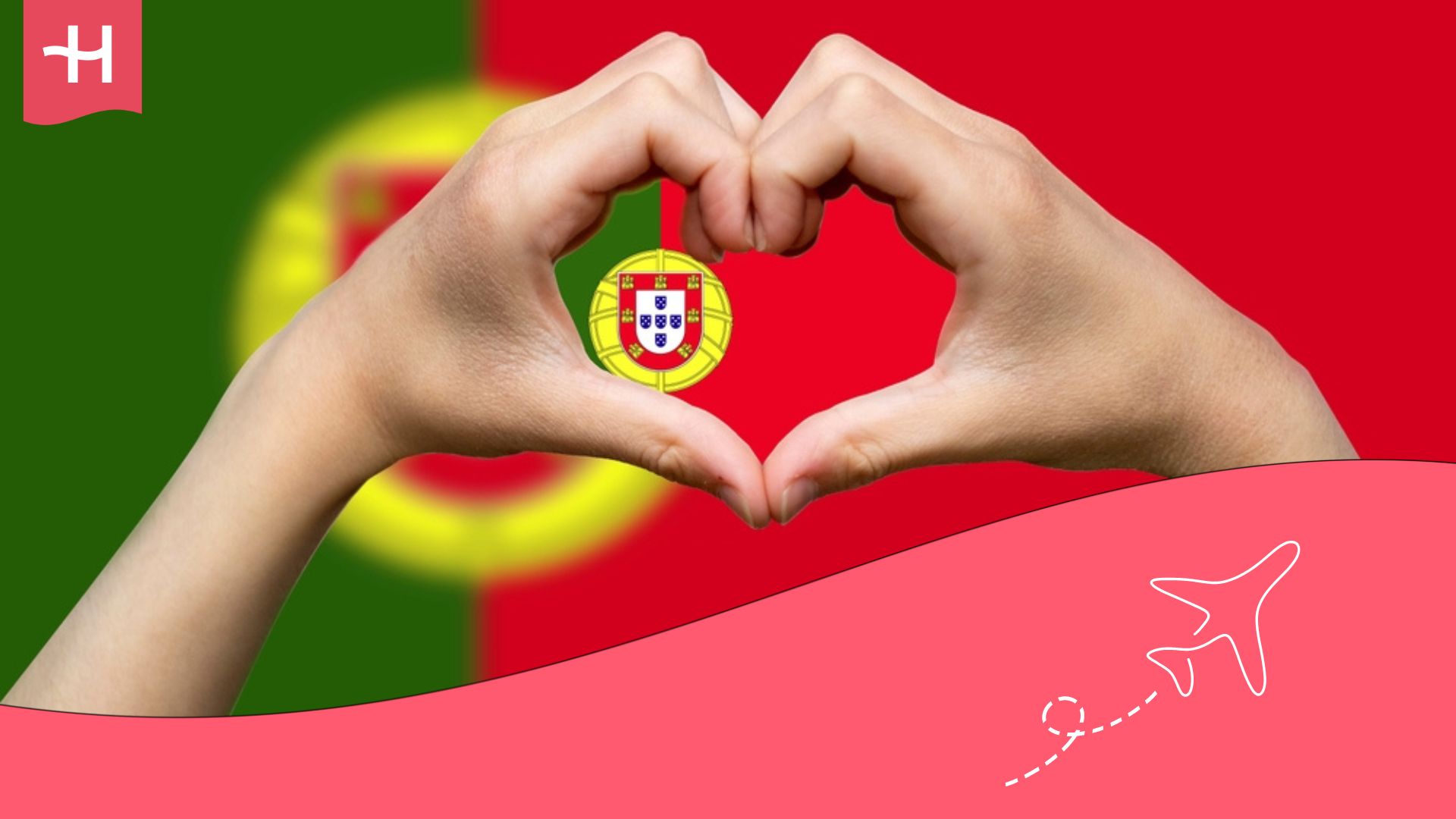 Bandera de Portugal con unas manos haciendo un corazón