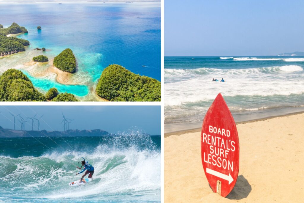 Playas de Filipinas, hombre surfeando una ola y una tabla de surf clavada en la arena anunciando clases de surf.