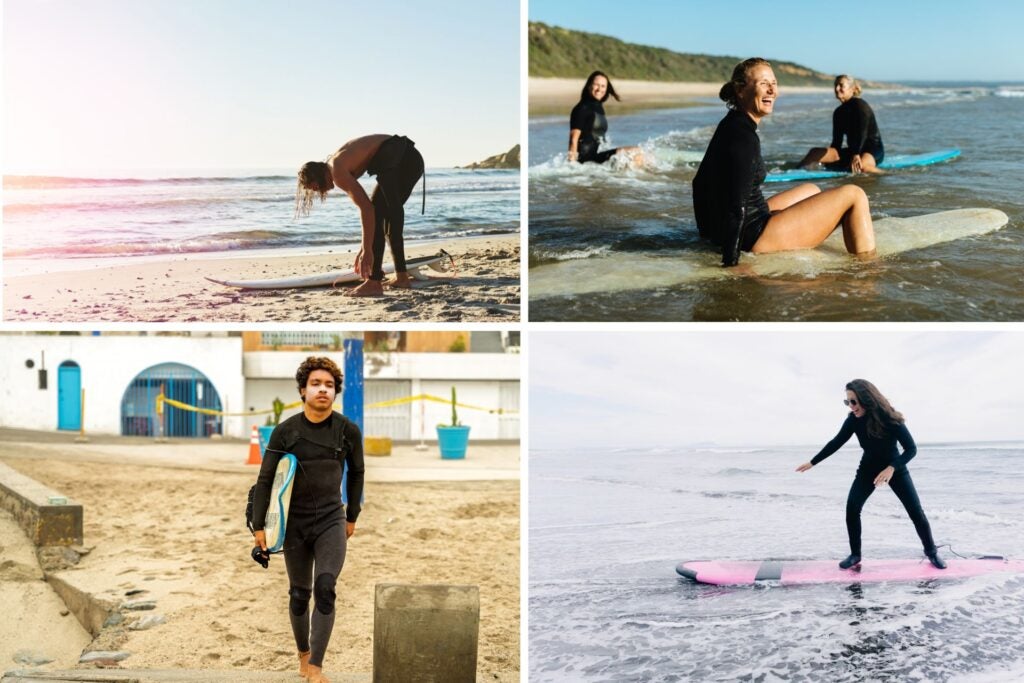 Varias personas con tabla de surf en playas