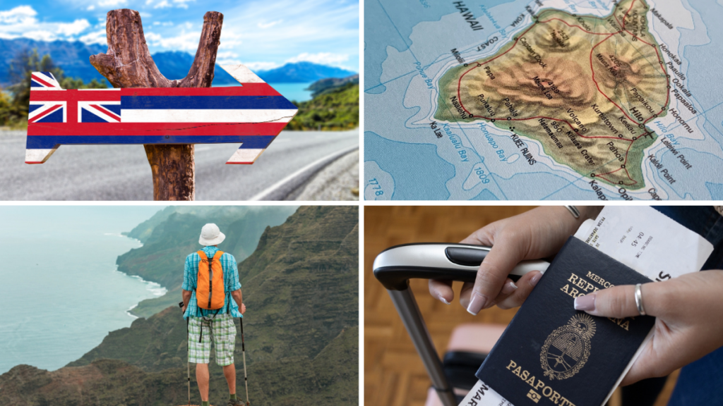 Pasaporte argentino, mapa de Hawái, una flecha con la bandera de Hawái y un turista, mirando al mar.