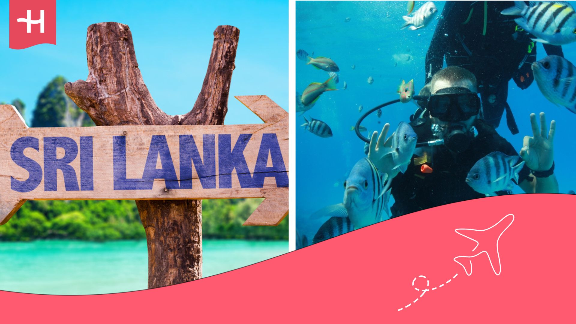 Cartel de Sri Lanka y en otra imagen hombre buceando