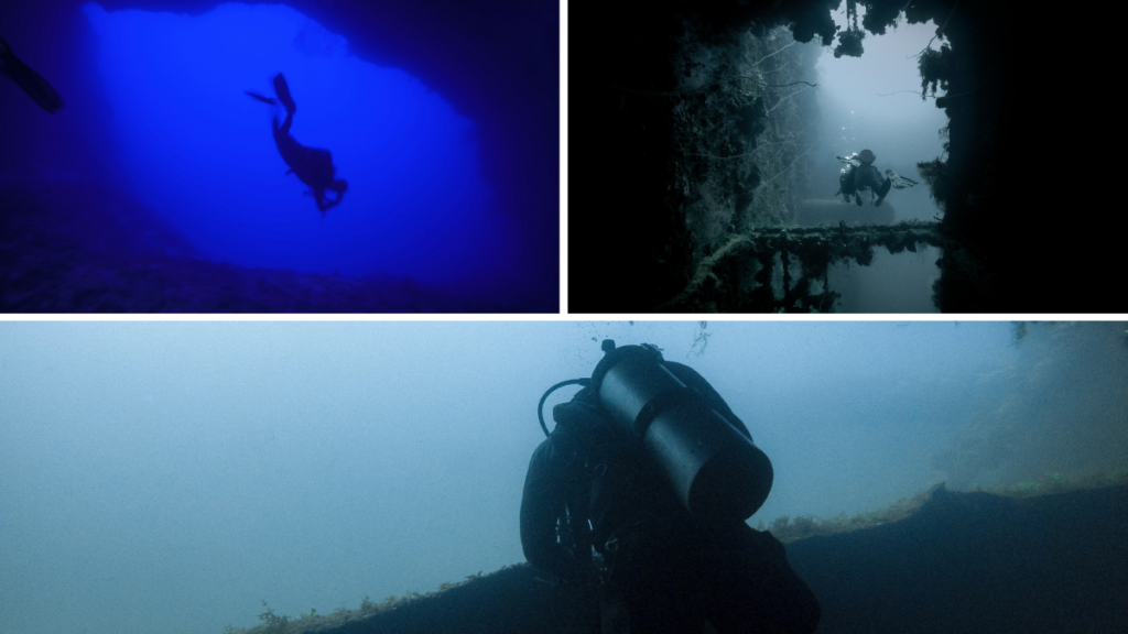 Buzos recorriendo distintos puntos de buceo en Grecia- Imágenes de referencia.