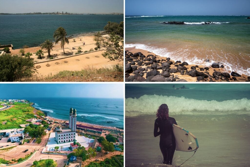 Playas de Senegal y chica con tabla de surf.