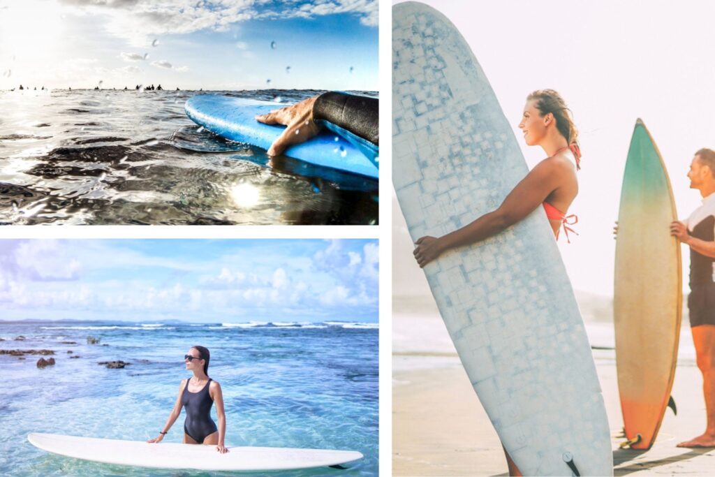 Surfistas en el mar con sus tablas.