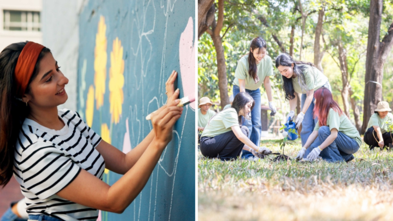 Una mujer pinta un mural y un grupo de personas siembran árboles en un jardín como parte de un voluntariado en Guadalajara.