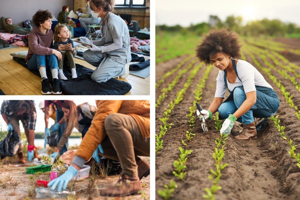 Varios voluntarios realizando diferentes proyectos como agricultura, recogida de basura o servicios de salud
