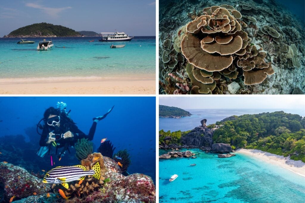 Islas Similan en Phuket con barcos y persona buceando.