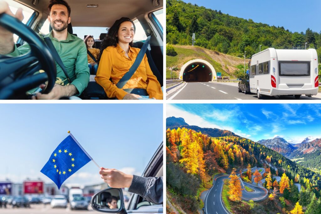 Una familia en coche y diversas carreteras europeas