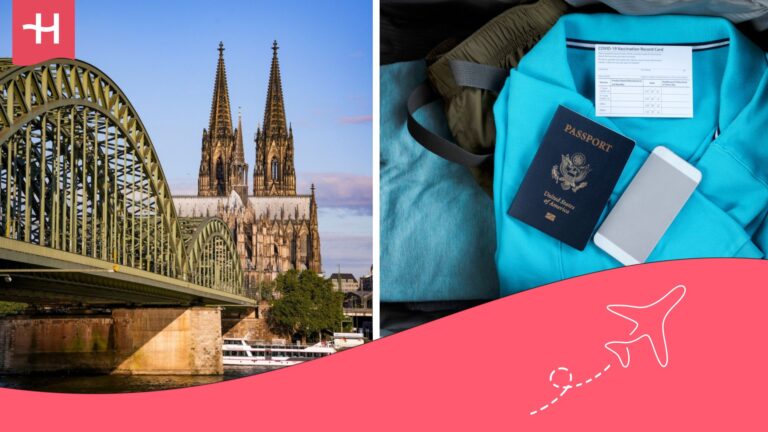 Colonia, ciudad alemana y en otra imagen maleta con ropa y pasaporte de Estados Unidos.