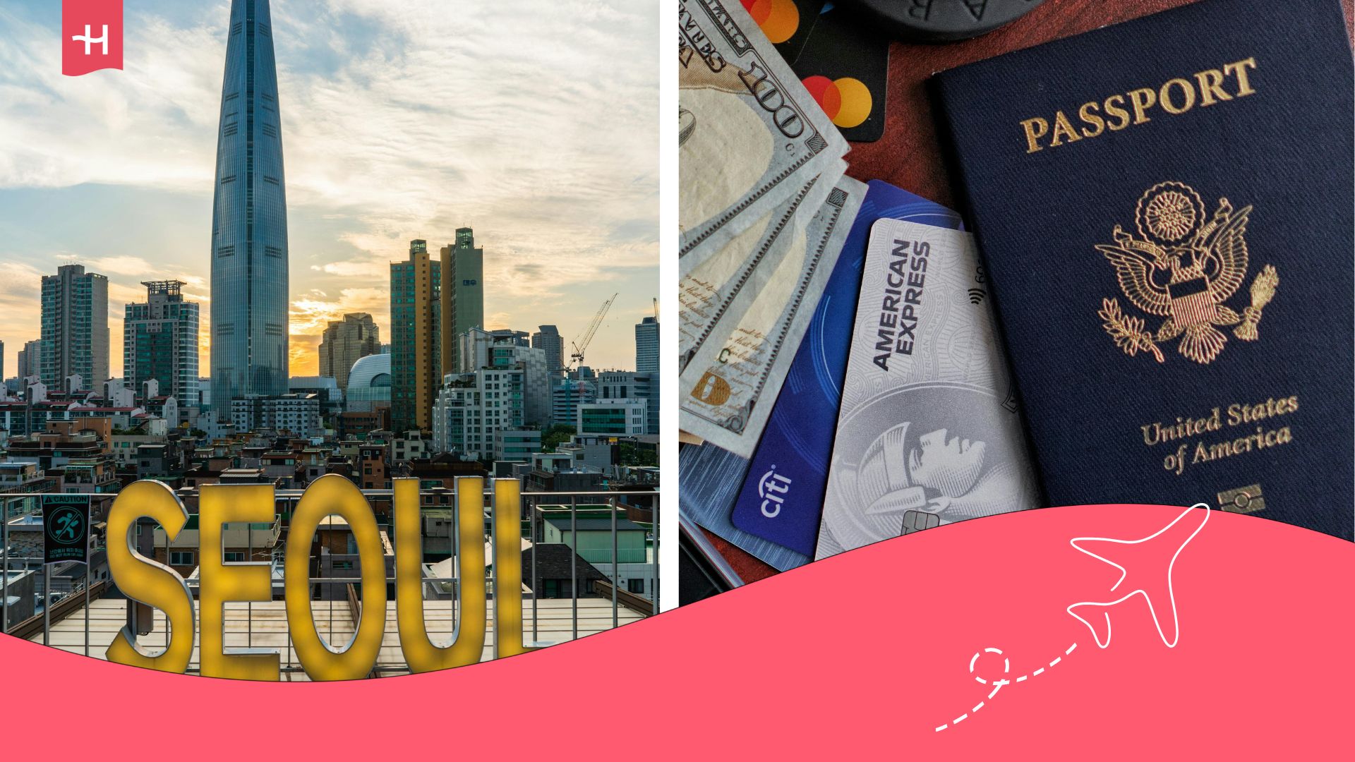 Ciudad de Seúl y pasaporte de Estados Unidos.