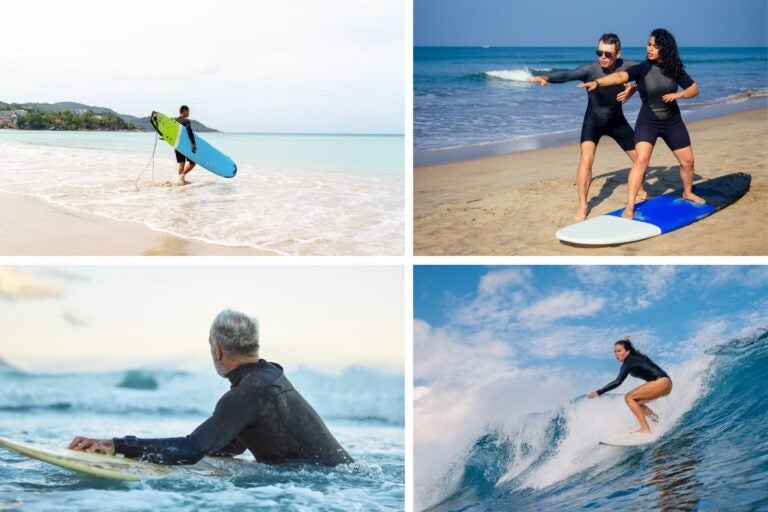 Personas practicando surf y recibiendo una clase.