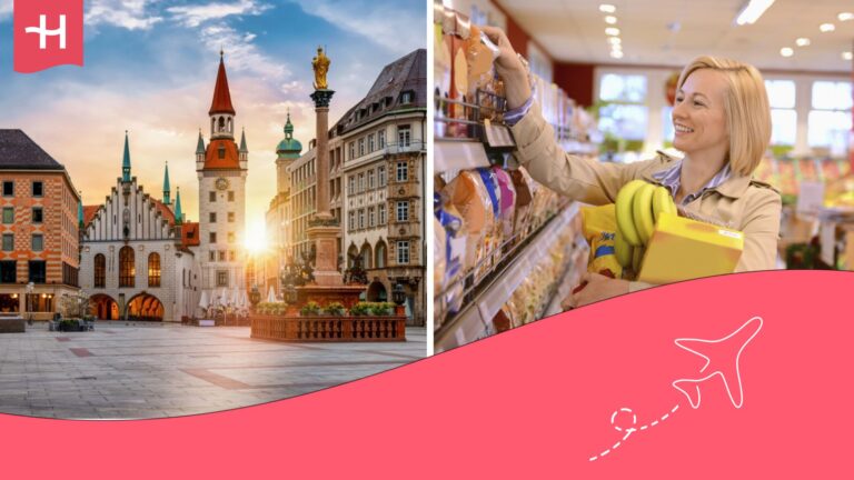 Plaza Marienplatz y en otra imagen una mujer comprando en un supermercado.