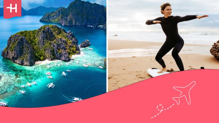 Isla de Filipinas y una mujer subida a la tabla sobre la arena