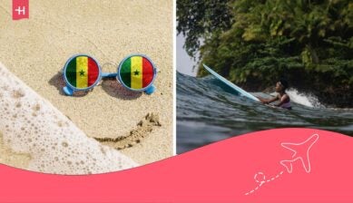 Gafas con la bandera de Senegal en la playa y una chica haciendo surf.