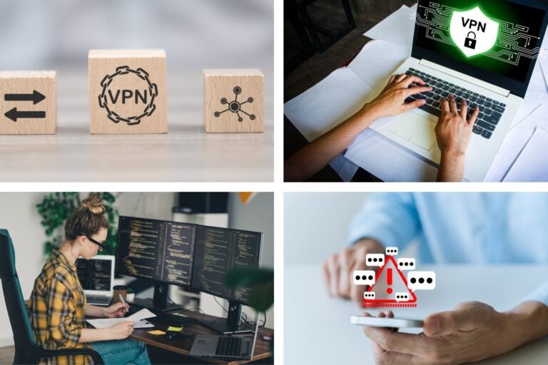 Chica teletrabajando e imágenes sobre el uso de una VPN.