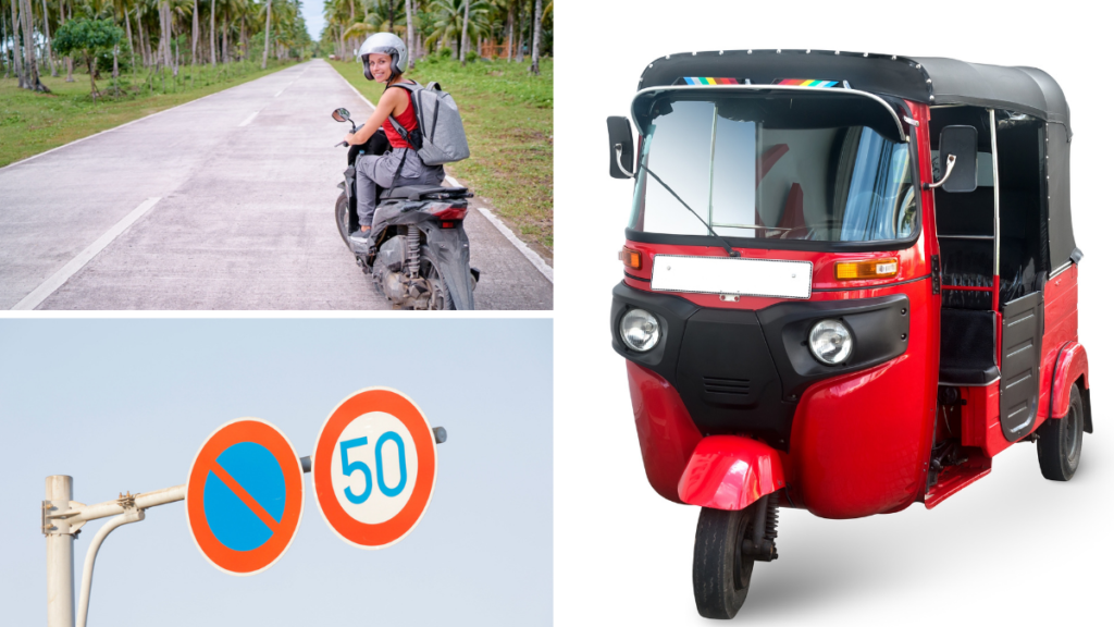 Una señal de tránsito y otros vehículos que puedes conducir en Sri Lanka aparte de automóvil.